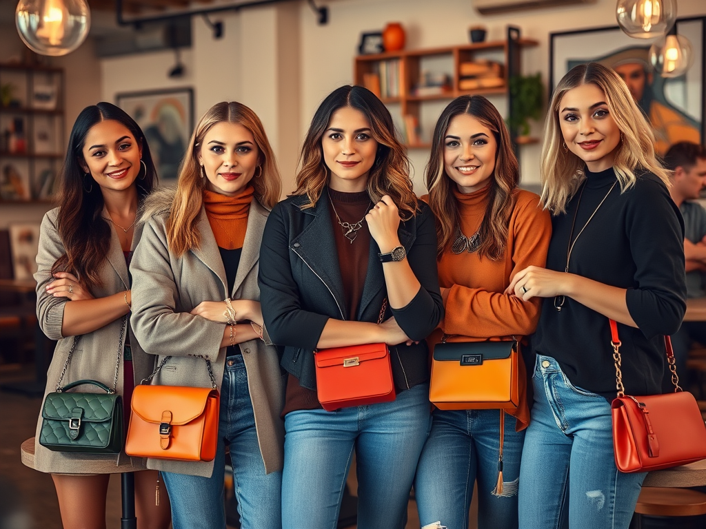 Cinq femmes souriantes posent dans un café, portant des vêtements stylés et des sacs colorés. Ambiance chaleureuse.