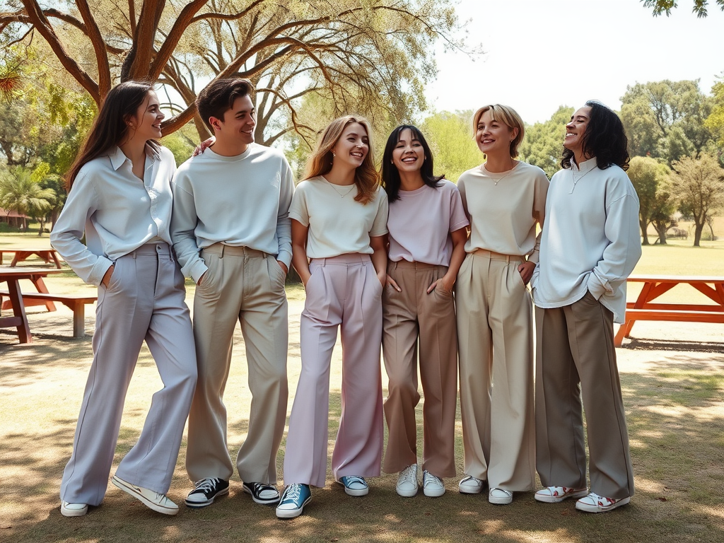 Un groupe de six personnes souriantes porte des vêtements décontractés dans un parc ensoleillé.