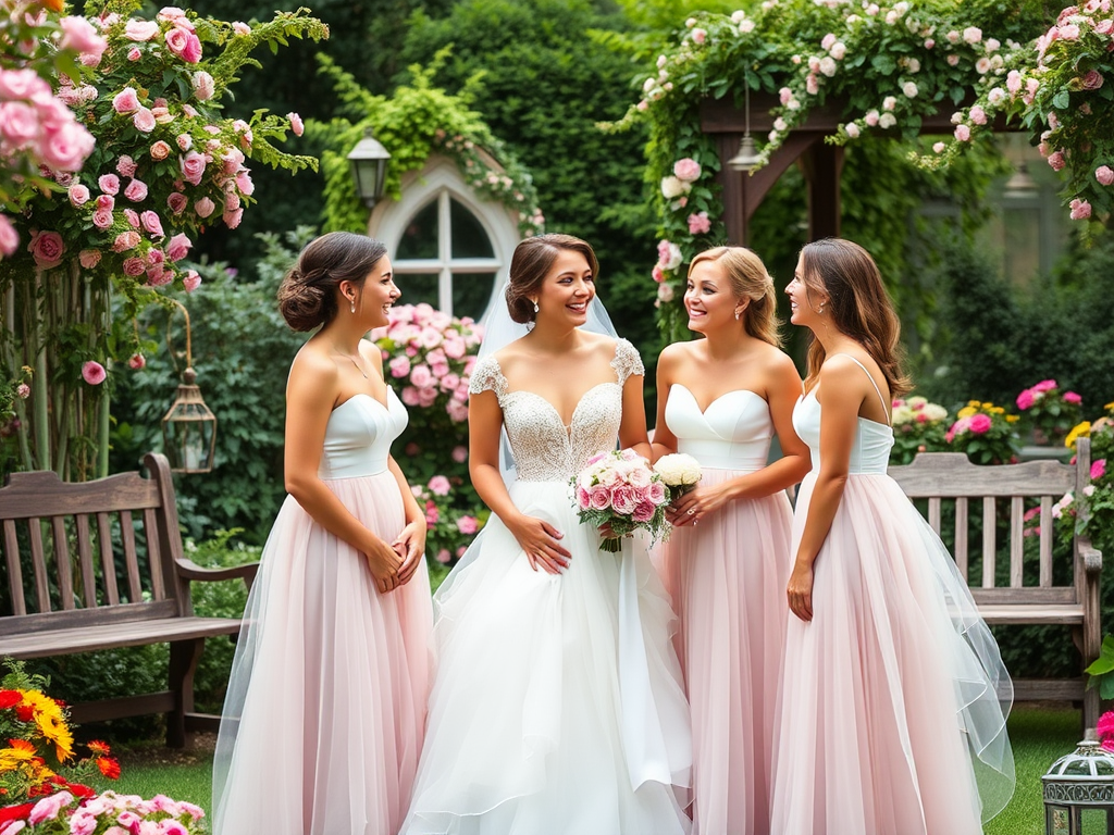 Quatre femmes souriantes sont dans un jardin fleuri, la mariée tenant un bouquet, entourée de ses demoiselles d'honneur.