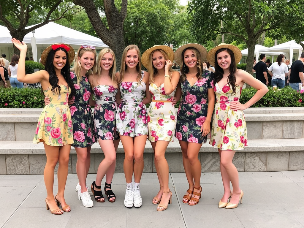 Un groupe de sept femmes souriantes en robes fleuries et chapeaux, posant ensemble dans un parc.