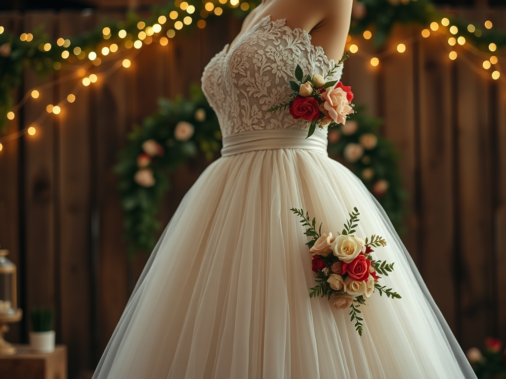 Une robe de mariée élégante avec des embellissements floraux, décorée par des lumières douces en arrière-plan.