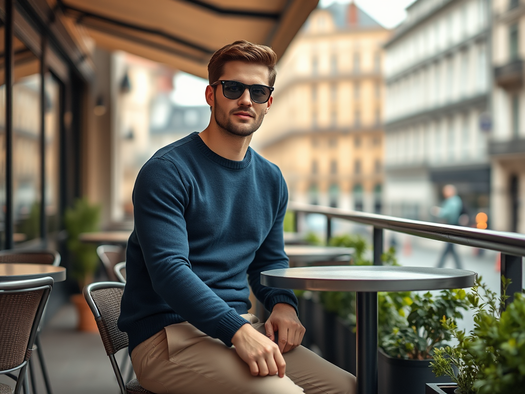 Un homme en pull bleu et lunettes de soleil, assis à une table de café en terrasse, avec une ville en arrière-plan.