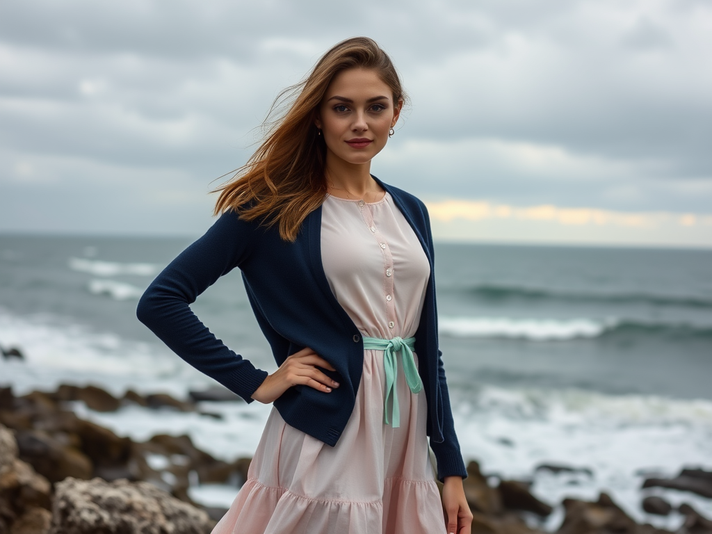 Femme souriante en robe rose et cardigan bleu, posant au bord de la mer sous un ciel nuageux.