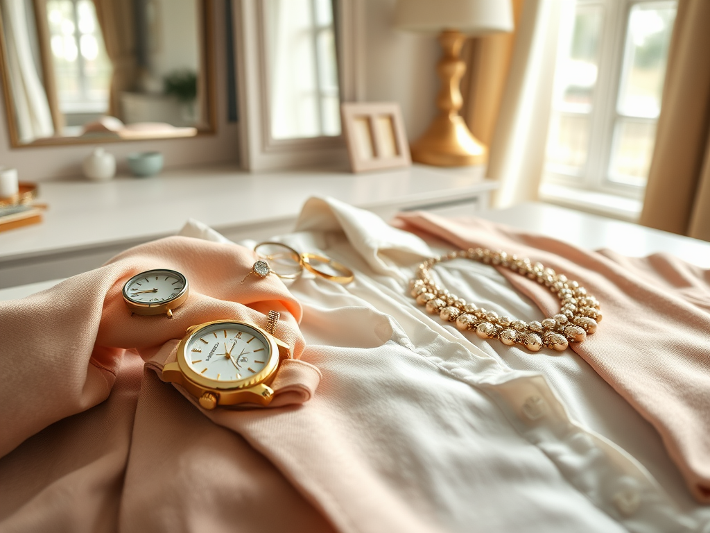 Des montres, des bijoux et une blouse élégante sur une table, avec une lumière douce entrant par la fenêtre.