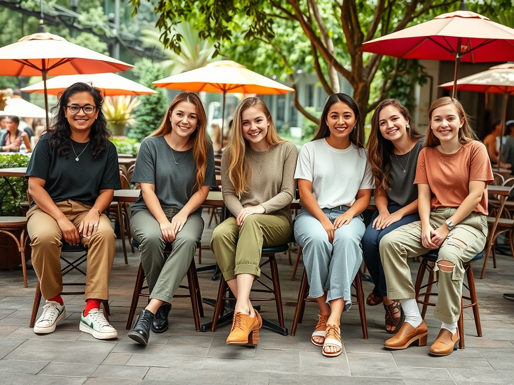 Six jeunes femmes souriantes sont assises sur des chaises, avec des parasols rouges en arrière-plan.