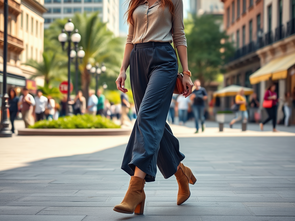 Une femme marche dans une rue animée, portant un haut clair et un pantalon noir, avec des bottes marron.