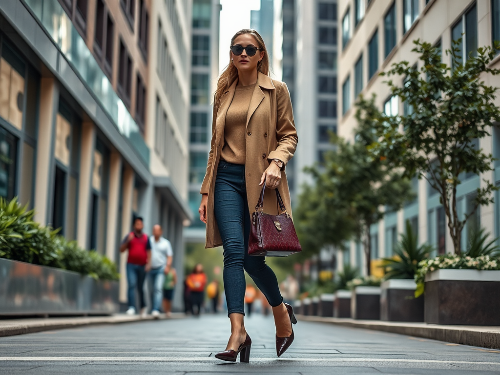 Une femme élégante marche dans une rue urbaine, portant un manteau beige et des lunettes de soleil.