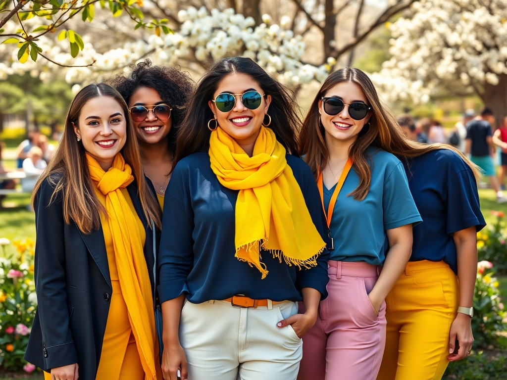 Cinq femmes souriantes portent des vêtements colorés en bleu et jaune, entourées de fleurs et d'une ambiance joyeuse.