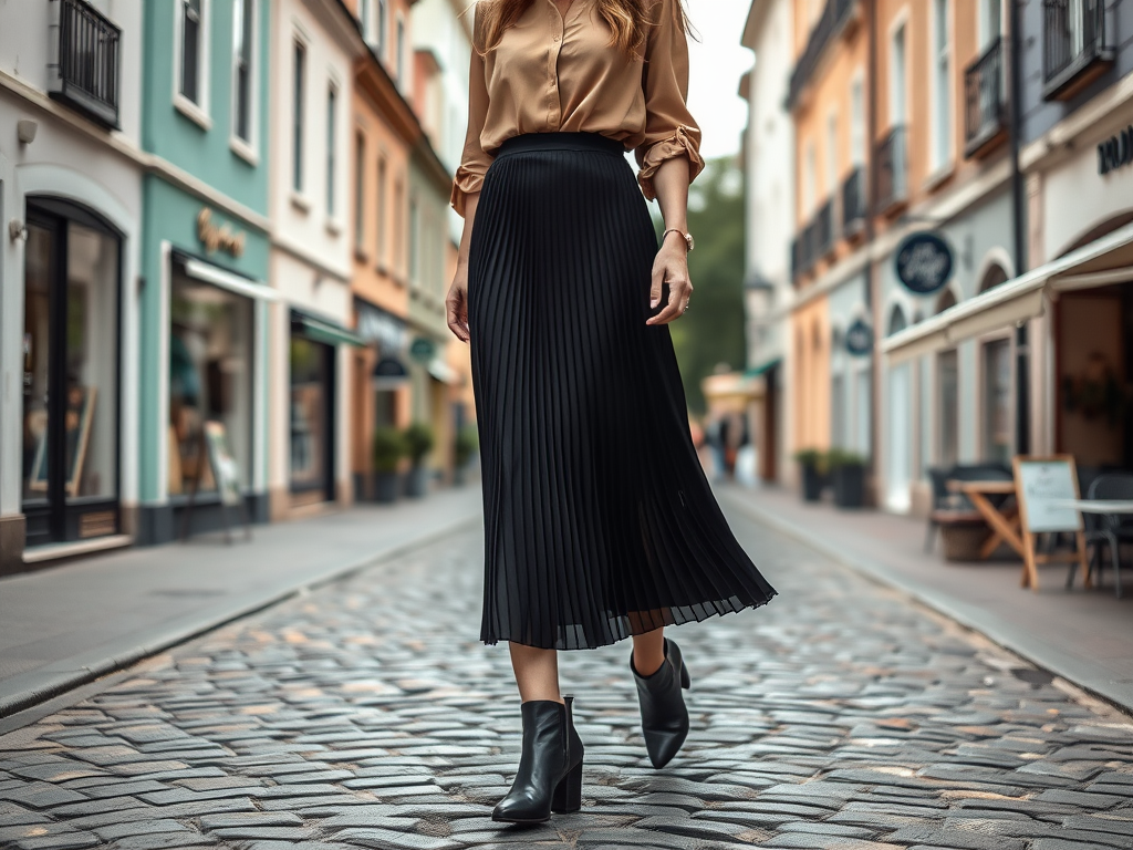 Une femme marche dans une rue pavée, portant une blouse dorée et une jupe plissée noire, avec des bottines noires.