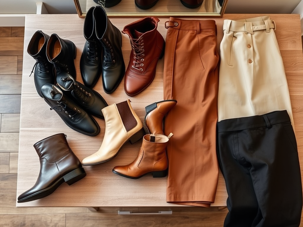 Une sélection de chaussures et de pantalons élégants sur une table en bois. Différentes couleurs et styles sont présentés.