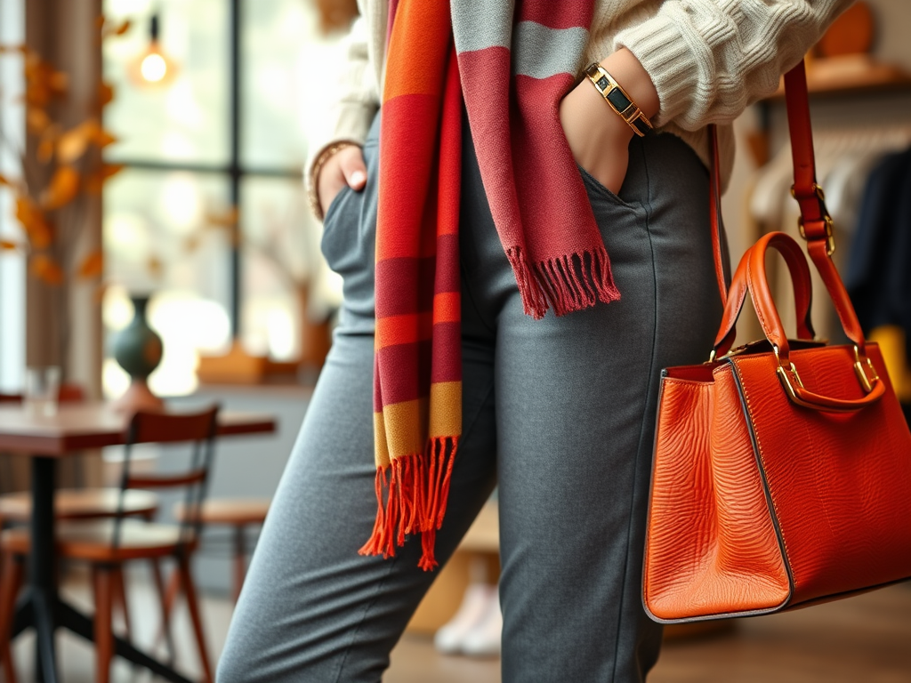 Une femme élégante portant un pull beige, une écharpe colorée et un sac à main orange dans un café.