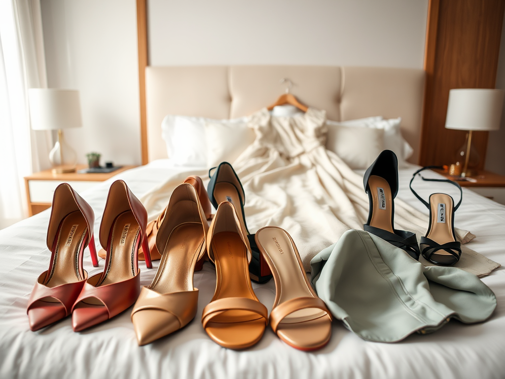Des chaussures à talons de différentes couleurs et une jupe, disposées sur un lit avec des draps clairs.